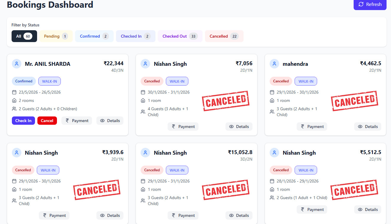 Bookings Dashboard (Status Filters + Guest Cards)