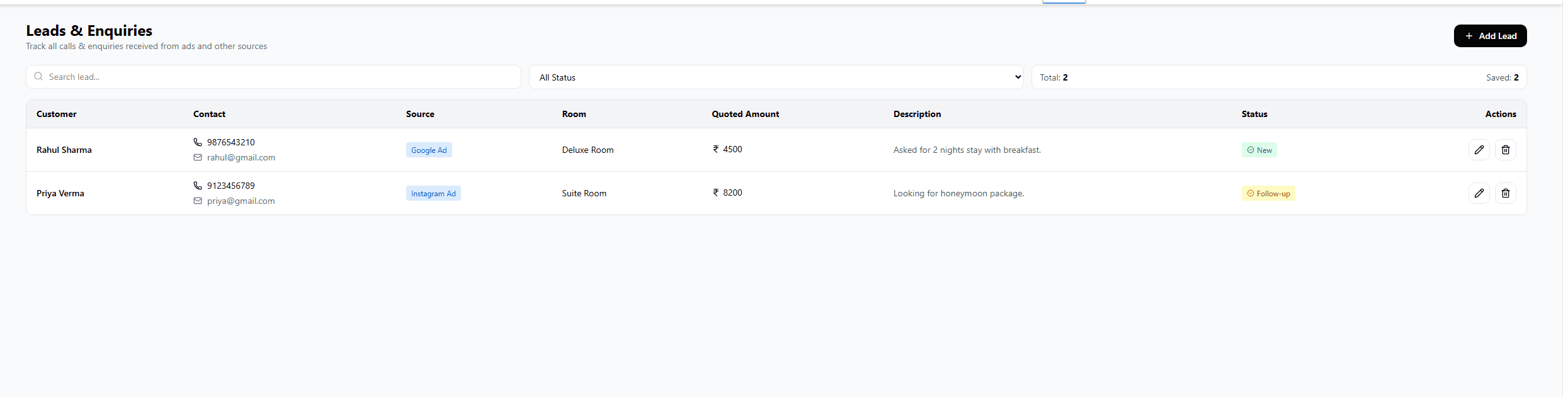 Leads & Enquiries (CRM-lite for Hotel Sales)